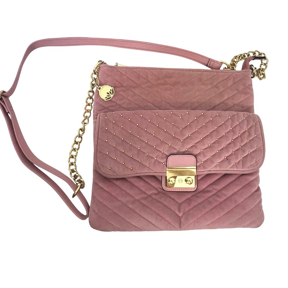 Big Buddha Y2K Blush Pink Velour Quilted Gold Chain Studded Flap Crossbody Purse